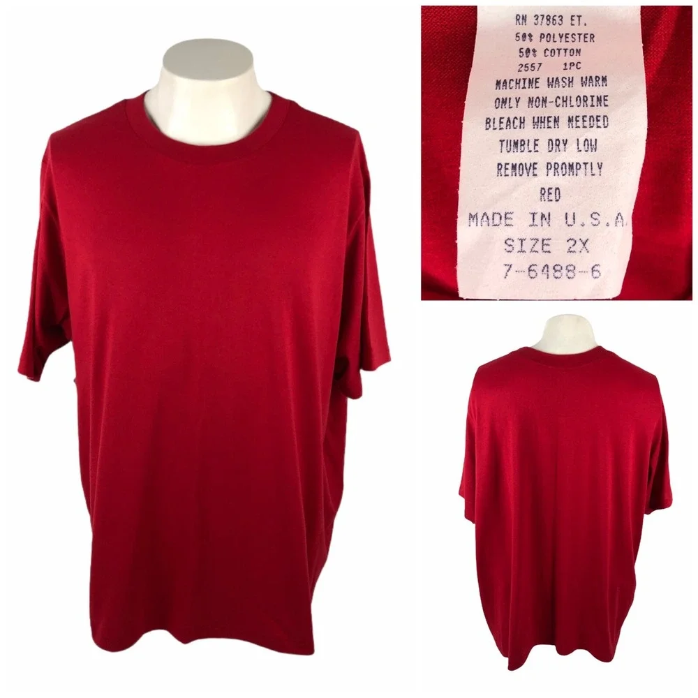Vintage Men 2XL Shirt Single Stitch Red Made In USA Cotton Blend Blank 50/50 EUC